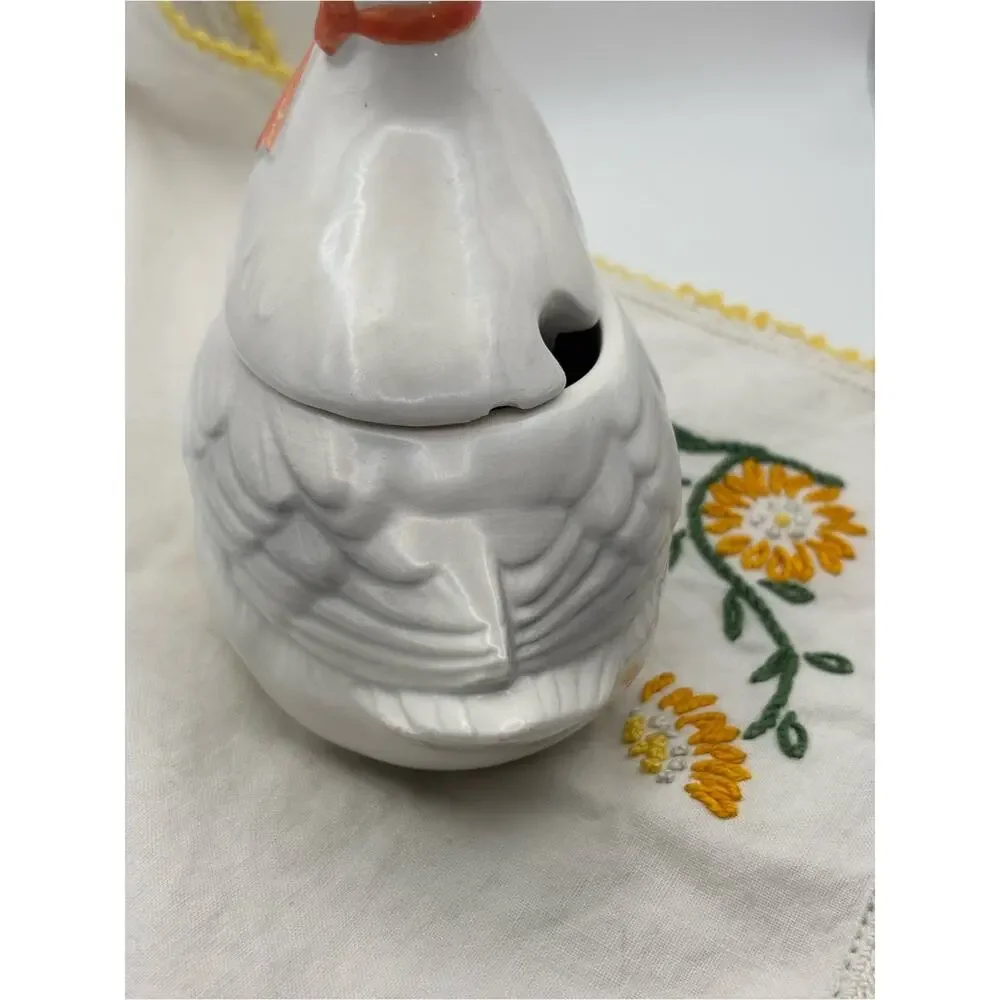 Vintage Otagiri Japan Ceramic White Goose Sugar Bowl with Orange Bow Collar